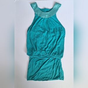 Y2K Open back jersey mini dress blouson sequin choker halter teal green